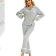 thumbnail image 5 of Xfvqtps Womens Pajama Set 2 PCS Top and Pants Solid Color Lace Long Sleeve Long Leg Flip Collar Open Front with Button Cozy Comfortable Soft House Casual Nightwear Gray, 5 of 9