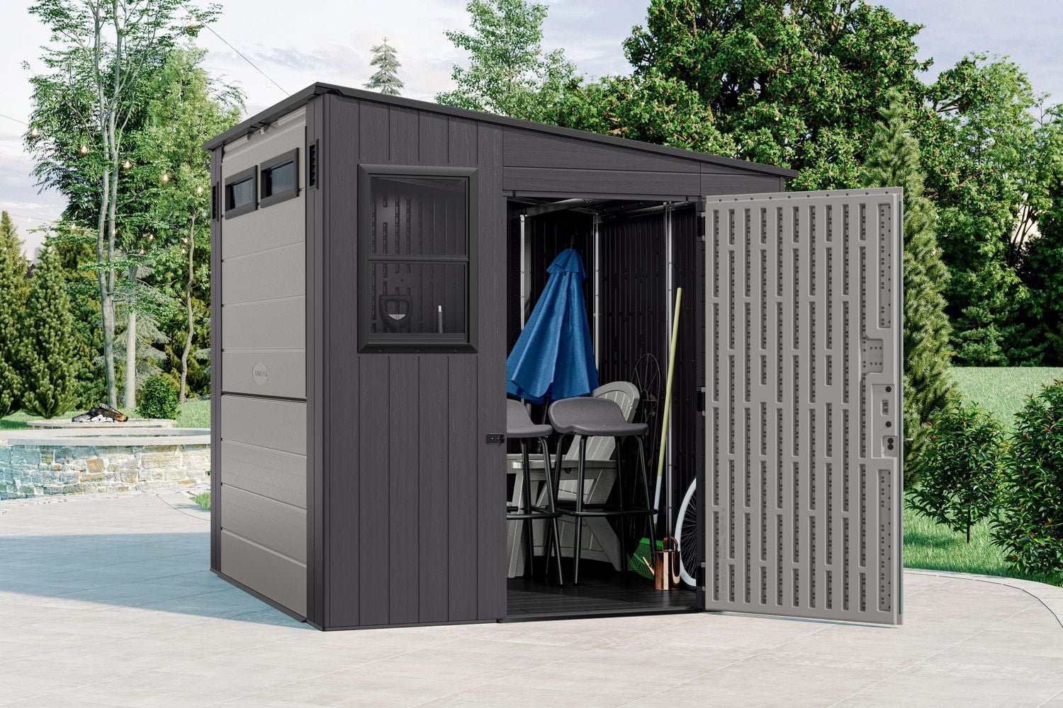Suncast 8' x 7' Resin Cabana Entertainment Shed - Outdoor Storage & Bar Shelter 60 Sq ft (362 Cu. ft.) - Cool Gray/Dove Gray