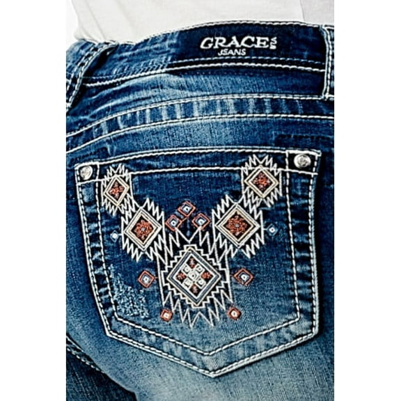 Grace in LA Women's Aztec Embroidered Disressed Baby Flare Bootcut Stretch Jeans (25)