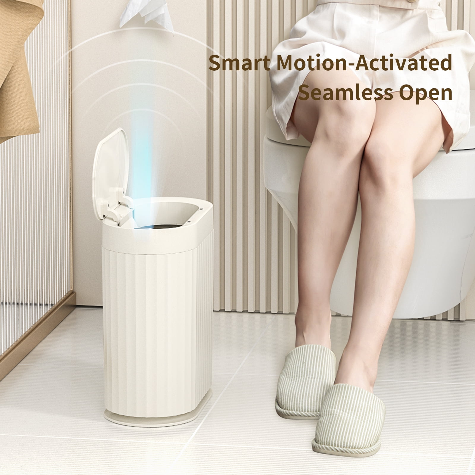 Mrbin 2 Gallon/7L Automatic Touchless Trash Can, Motion Sensor Garbage Bin with Lid Touchless Wastebasket Cream White (for Bathroom, Bedroom, Office)