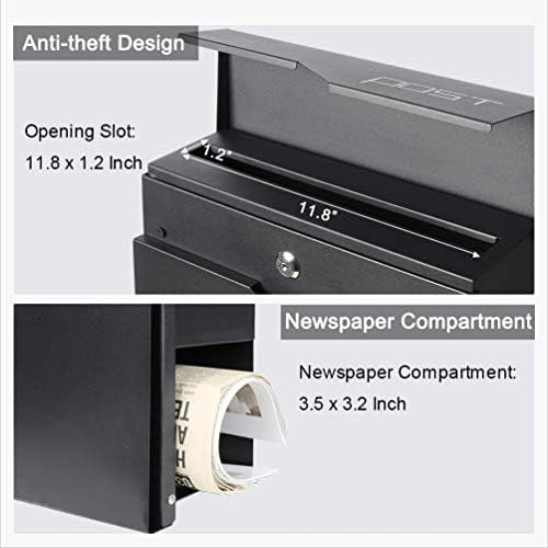 Locking Mailbox Wall Mount- Waterproof mailboxes with Secure Key Lock and Newspaper Compartment, Key Lock Drop Box Extra Large Capacity, 12.9 x 4.1 x 14.2 Inch, SM-HPB938 Black New