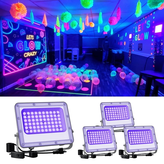 Yinghao 4 pack 50W Blacklight Flood Lights Wired 120V IP66 Waterproof UV Led Black Lights for Fluorescent Decor, 3D Resin Prints, Uranium Glass,  Poster