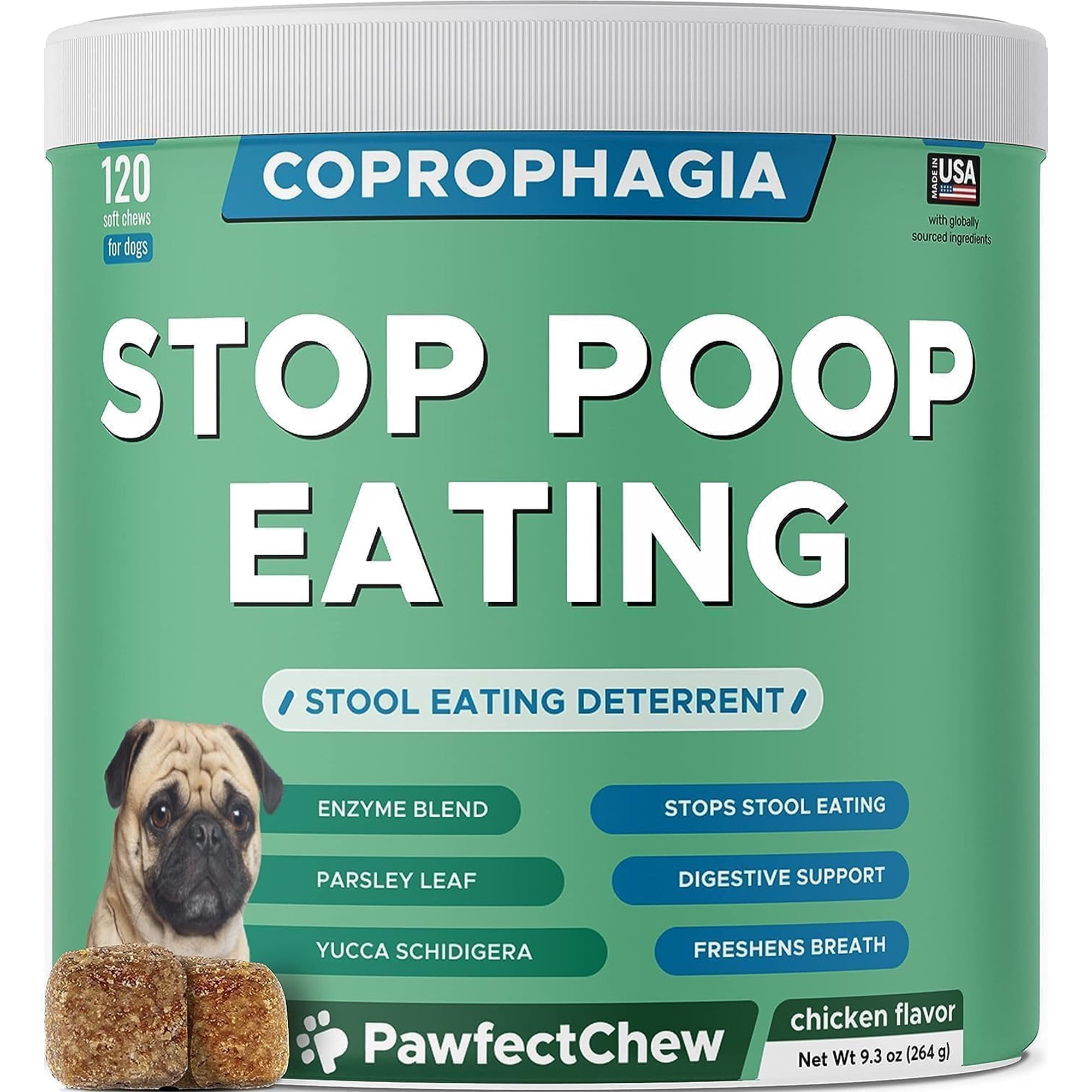 PAWFECTCHEW Coprophagia Deterrent for Dogs & Breath Aid Support - No Poo Chews for Dogs - With Probiotics & Digestive Enzymes - Stop Dog Poop Eating - Made in USA - 120 Chews