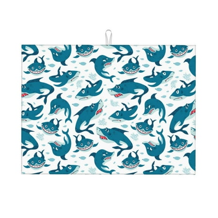 

Dish Drying Mat Cartoon Funny Cute Shark_A Highly Absorbent Microfiber Drying Mat Kitchen Counter or Sink Drawer Liner 18x24 Kitchen Drying Mat Coffee Mat Kitchen Essentials