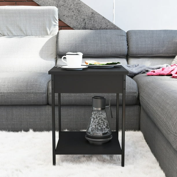 MESA AUXILIAR − IBIZA Mesa Auxiliar Lateral, Mesita Auxiliar de Sala, Mesa de Noche, Mesa Central, Patas Metálicas, Tablero Laminado Texturizado (NEGRO LISO )0