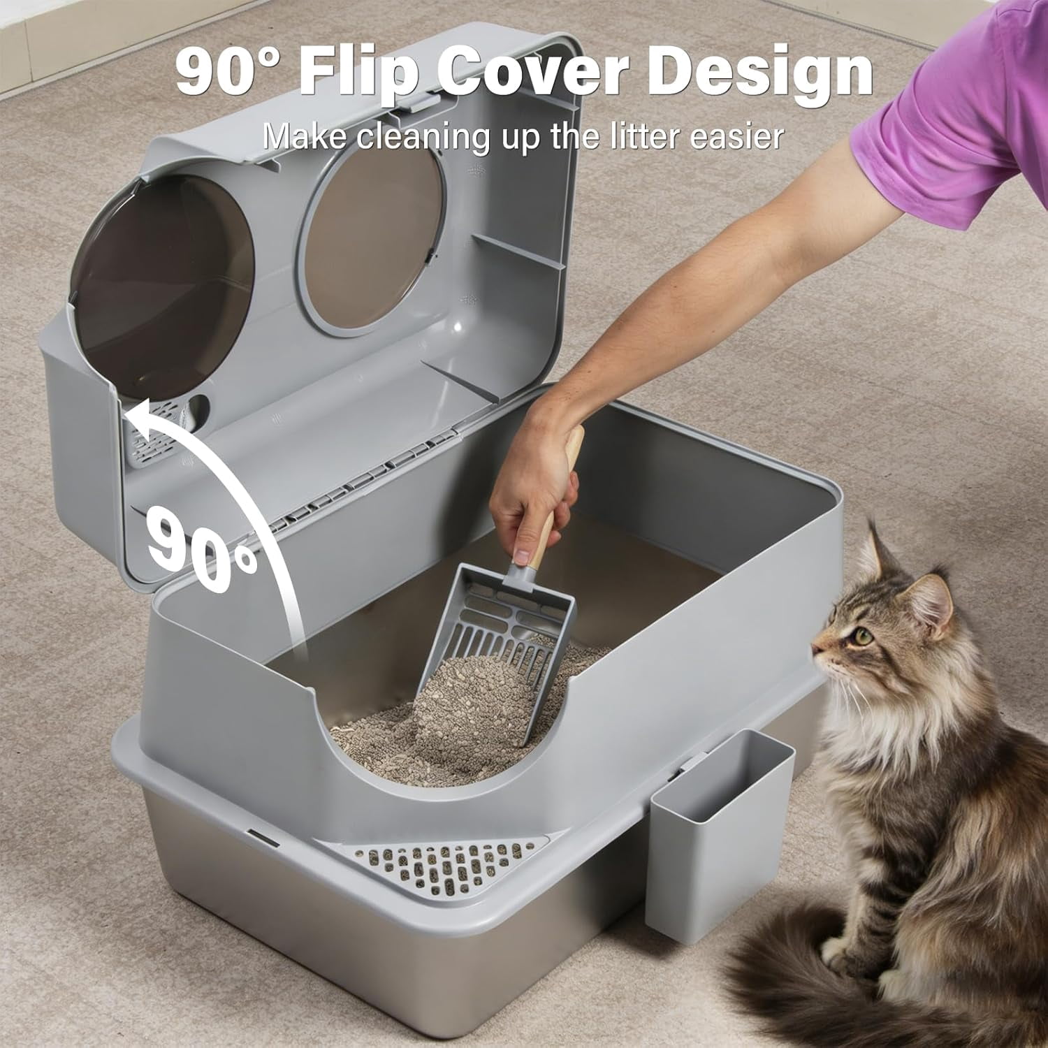 Extra Large Stainless Steel Litter Box with Lid, High Sided Design Includes Mat and Scooper, Easy Clean Non-Stick Odor Control