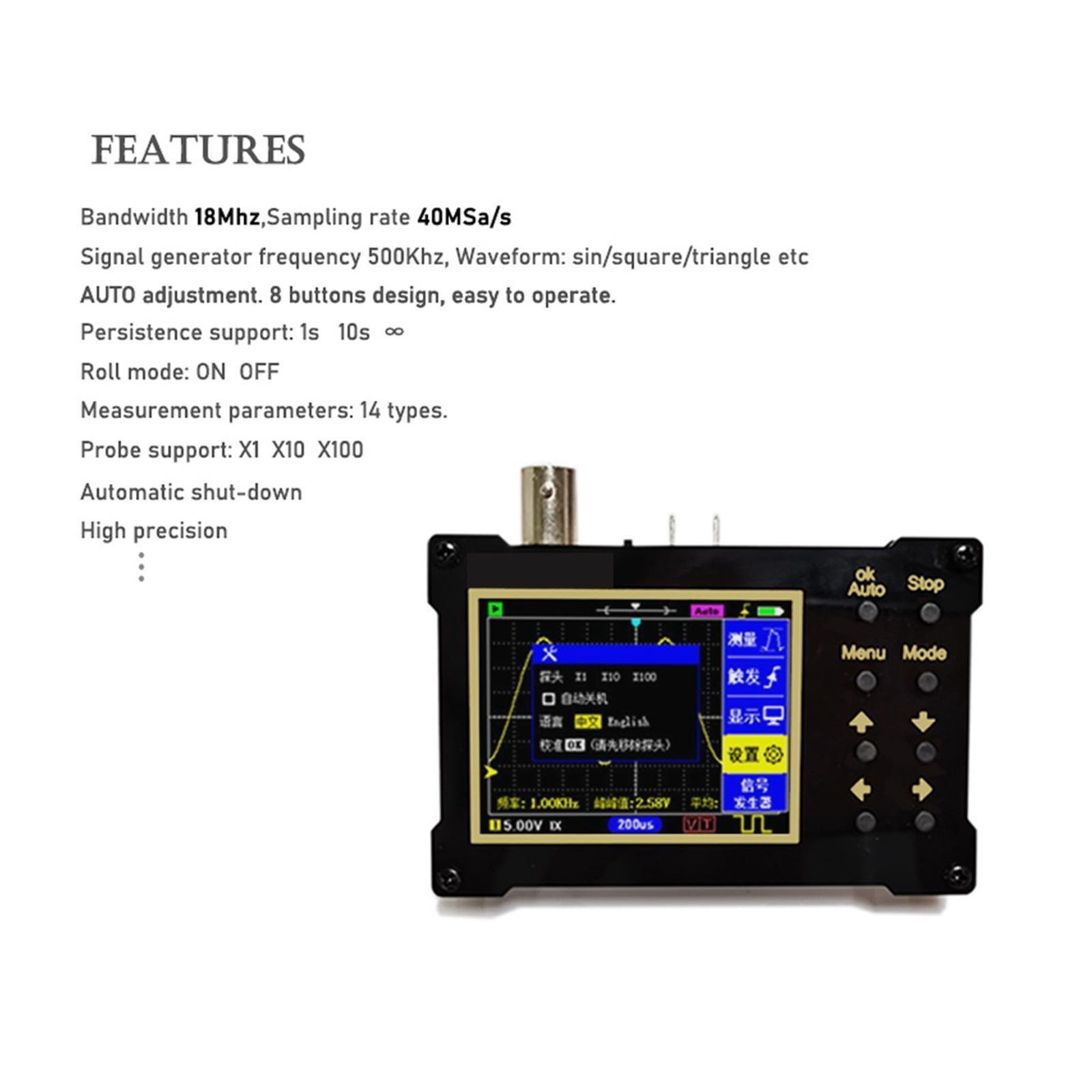 2.4inch Screen Digital Oscilloscope 1MHz&18MHz Analog Bandwidth Support Signal Generator 40MSa/s Sampling Rate ,Professional Designed