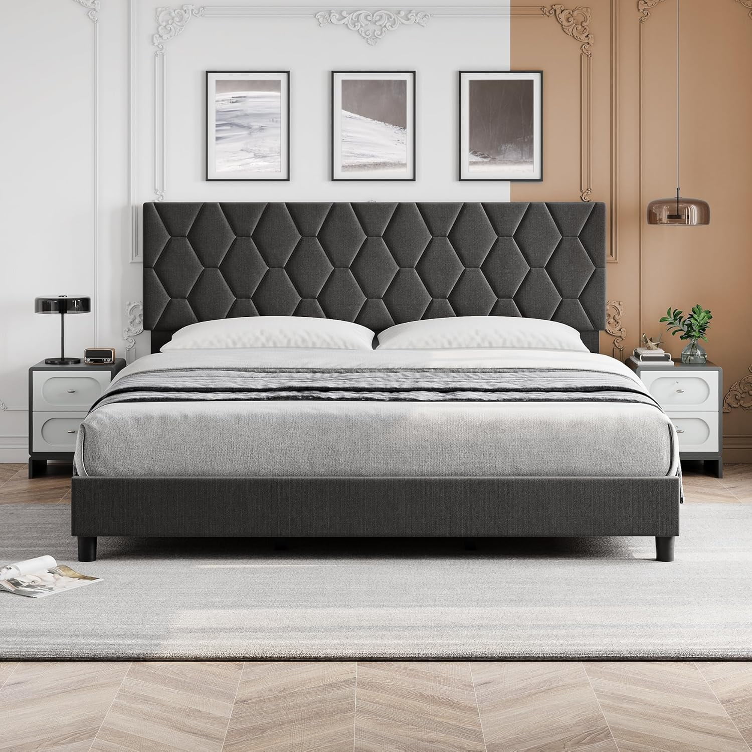 ChaoLink King Bed Frame Platform Bed Frame with Upholstered Headboard – Adjustable Fabric Bed Frame with Diamond Pattern, Soft Fabric, Wood Slat Support, Grey