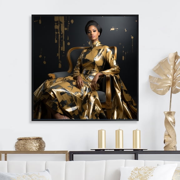 Designart "Glamorous African American Woman In Sparkling Gold Portrait" Pop Art Floater Framed Canvas Wall Art