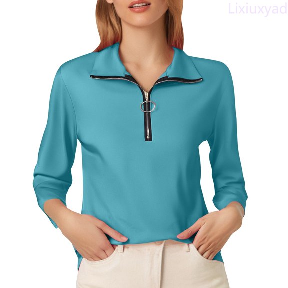 Lixiuxyad A Fashionable And Casual Half Zipper Solid Color Long Sleeved T Shirt For Ladies Basic Tee,Green L
