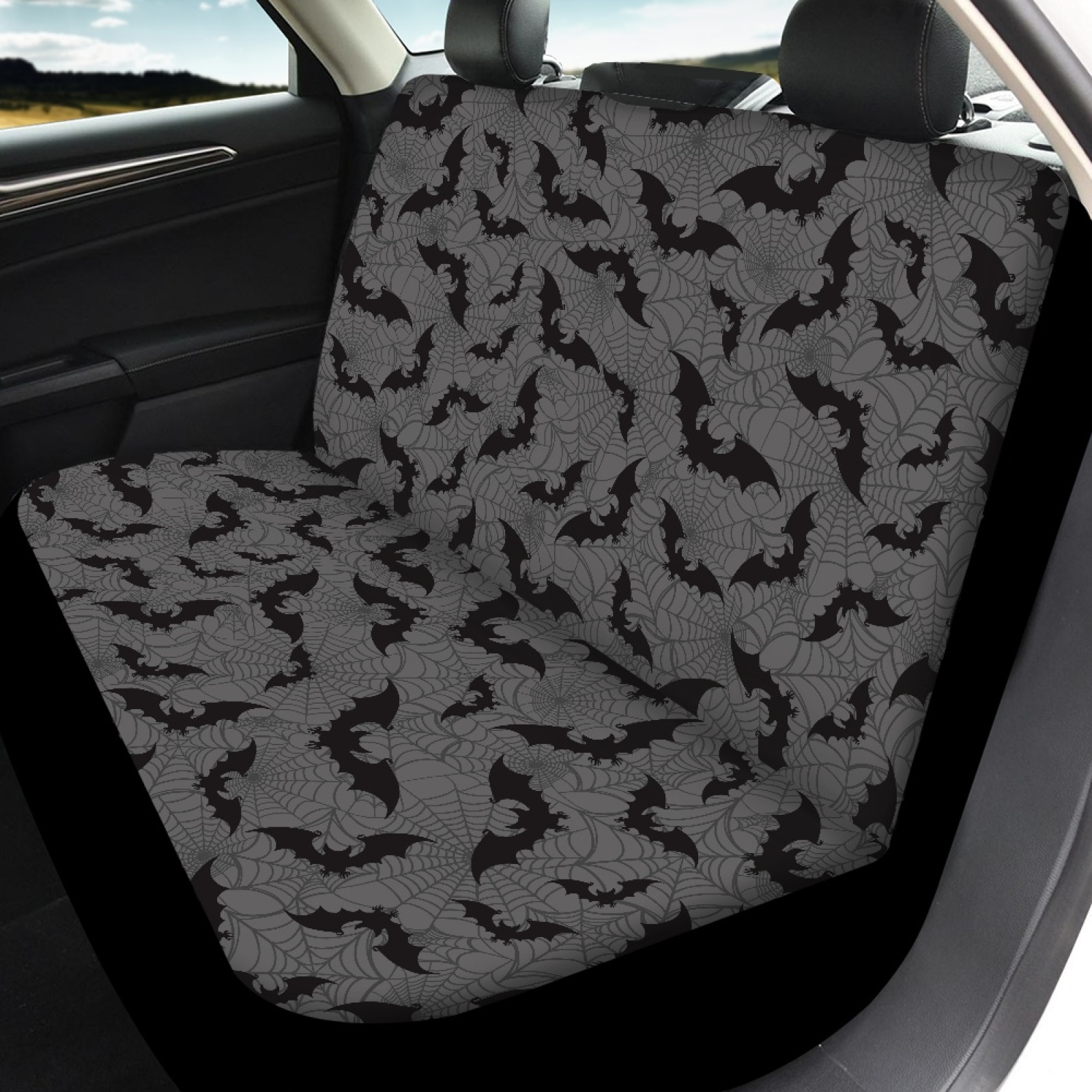Renewold Bat Spider Web Gray Car Seat Covers Full Set 4 PCS, Front and Rear Split Bench Protective Cover Halloween Auto Interior Decor Universal Fit for Truck Van SUV