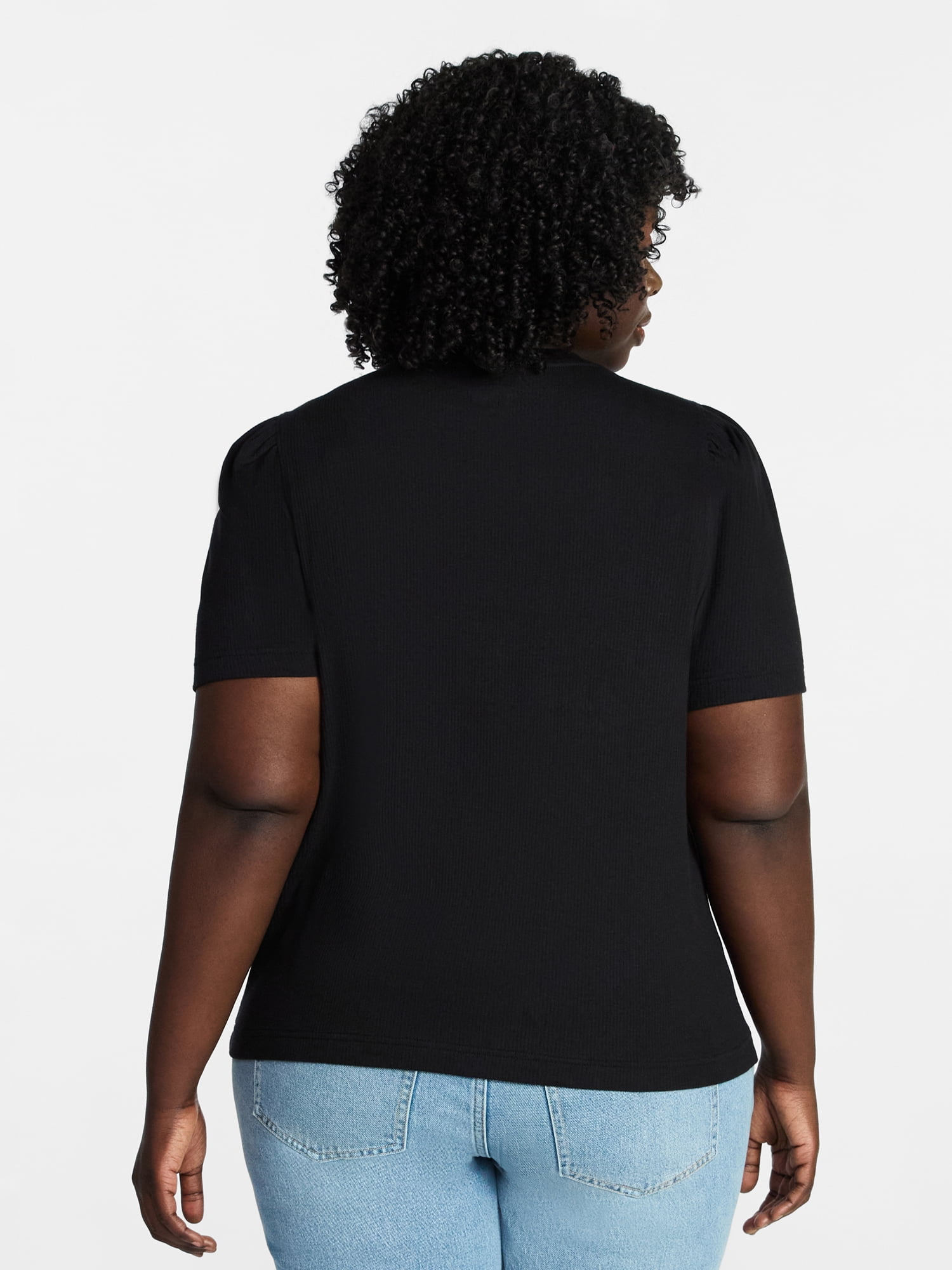 Terra & Sky Women's Plus Size Crewneck Top with Short Puff Sleeves, Size 0X-4X