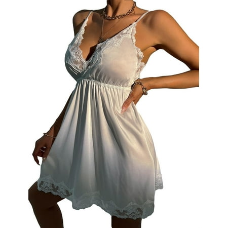 

Womens Nightgowns Sleepdress Plain Contrast Lace Sleepshirts White M