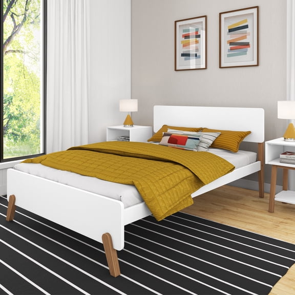 Max & Lily Mid-Century Modern Full Platform Bed for Kids, Solid Wood, White/Pecan