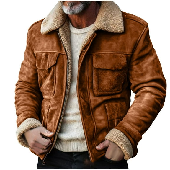Faux Leather Jacket Mens Fur Shearling Neck Winter Warm Zip Up Motorcycle Coat Waterproof Windproof Trucker Pu Moto Coats Lightweight Jacket Brown Xxxxl