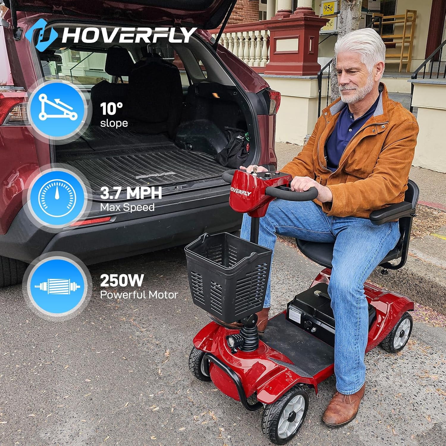 Hoverfly T4 Electric Mobility Scooter for Seniors, 4 Wheels, 330 lbs Capacity, Basket & LED Lights, Red