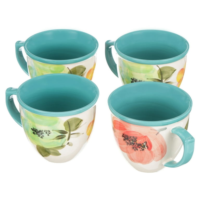The Pioneer Women Flea Market Decorated Coffee Cup, Floral Turquoise - 4 pack