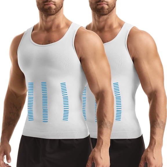 MANIFIQUE 2 Packs Compression Shirts for Men Gynecomastia Tank Tops Body Shaper Vest White/White, Size S