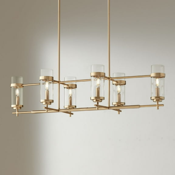 Possini Euro Design Mikel Soft Gold Linear Island Pendant Chandelier 42" Wide Modern Clear Glass Shade 6-Light Fixture for Dining Room House Kitchen