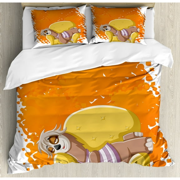 Sloth Duvet Cover Set, Lazy Female Cartoon Sloth on Sofa Napping on Couch Dreaming Mascot Speech Bubble, Decorative 3 Piece Bedding Set with 2 Pillow Shams, Calking Size, Orange Yellow, by Ambesonne