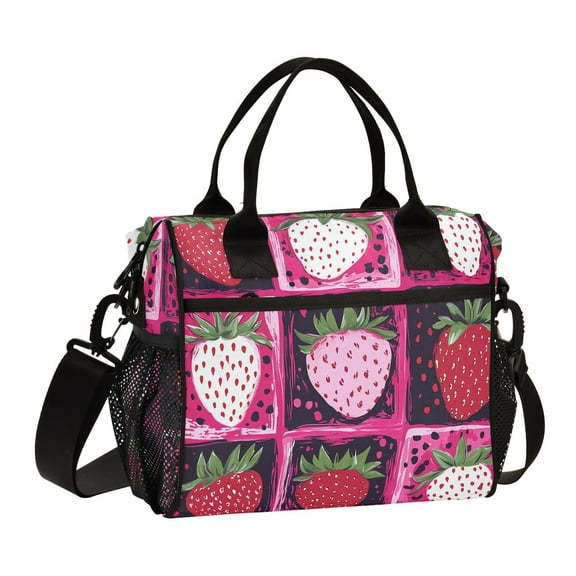 Ckdifva Strawberrys and Grids Cooler Bag Cooler Cooling Tote Lunch Bag Lunch Box Front Pocket with Shoulder Strap