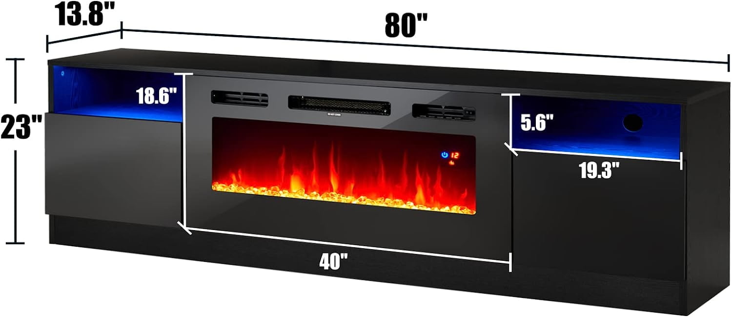 amerlife 80" TV Stand with 40" Electric Fireplace Large Modern Wood Texture Media Entertainment Center with Highlight Storage Cabinet and 12 Colors LED Lights for TVs Up to 90", 80 inches, Black