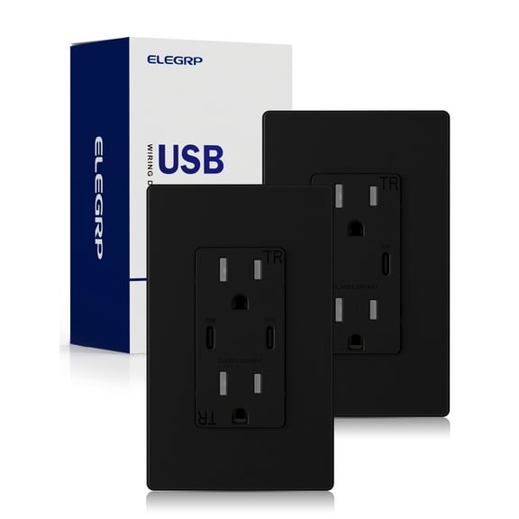 ELEGRP 30W Dual Type C USB Wall Outlet for Power Delivery and Quick Charge, 15A Receptacle, w/ Wall Plate, (2 Pack, Black)