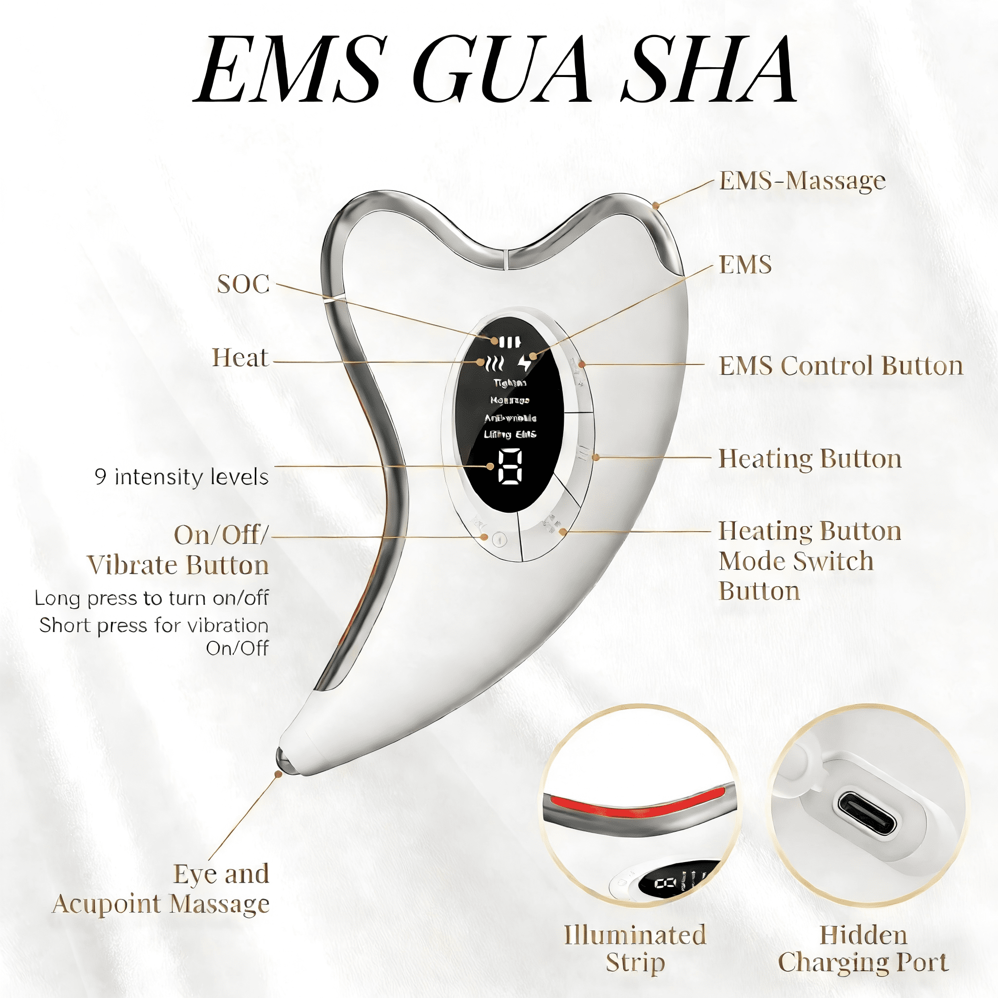 Electric Gua Sha, Face Massager with EMS 45°C Heat & Vibration, 9 Levels with LED Blue, Yellow, Red Light, 4 Modes Face Massager for Face, Anti Wrinkle Anti Ageing