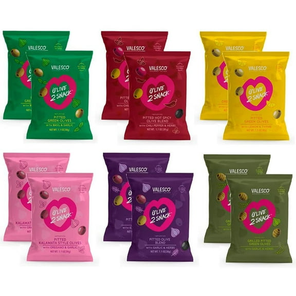 Valesco, O'Live 2 Snack Pitted Olives Variety Pack, 6 Flavors, 1 oz (12 Pouches)
