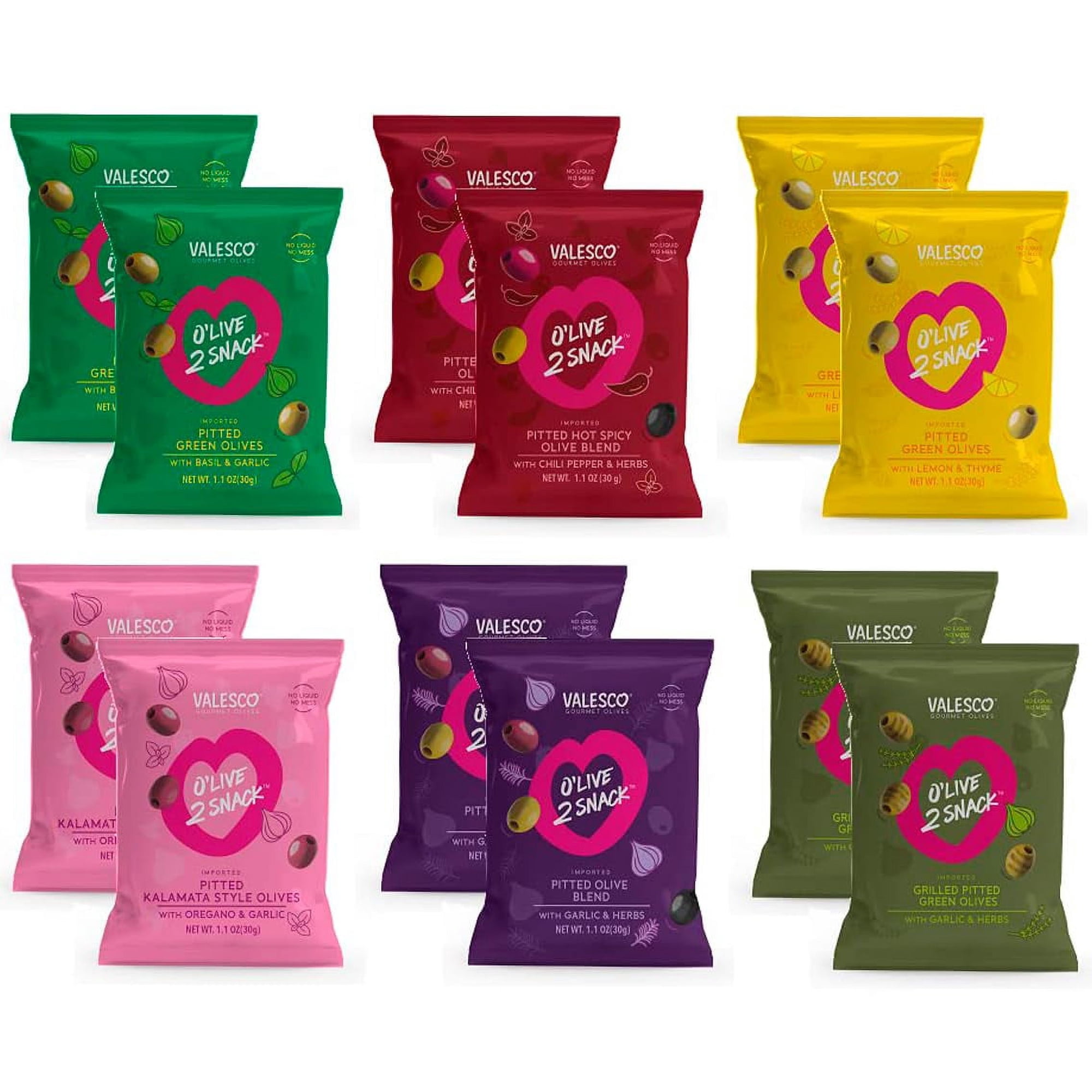 Valesco, O'Live 2 Snack Pitted Olives Variety Pack, 6 Flavors, 1 oz (12 Pouches)