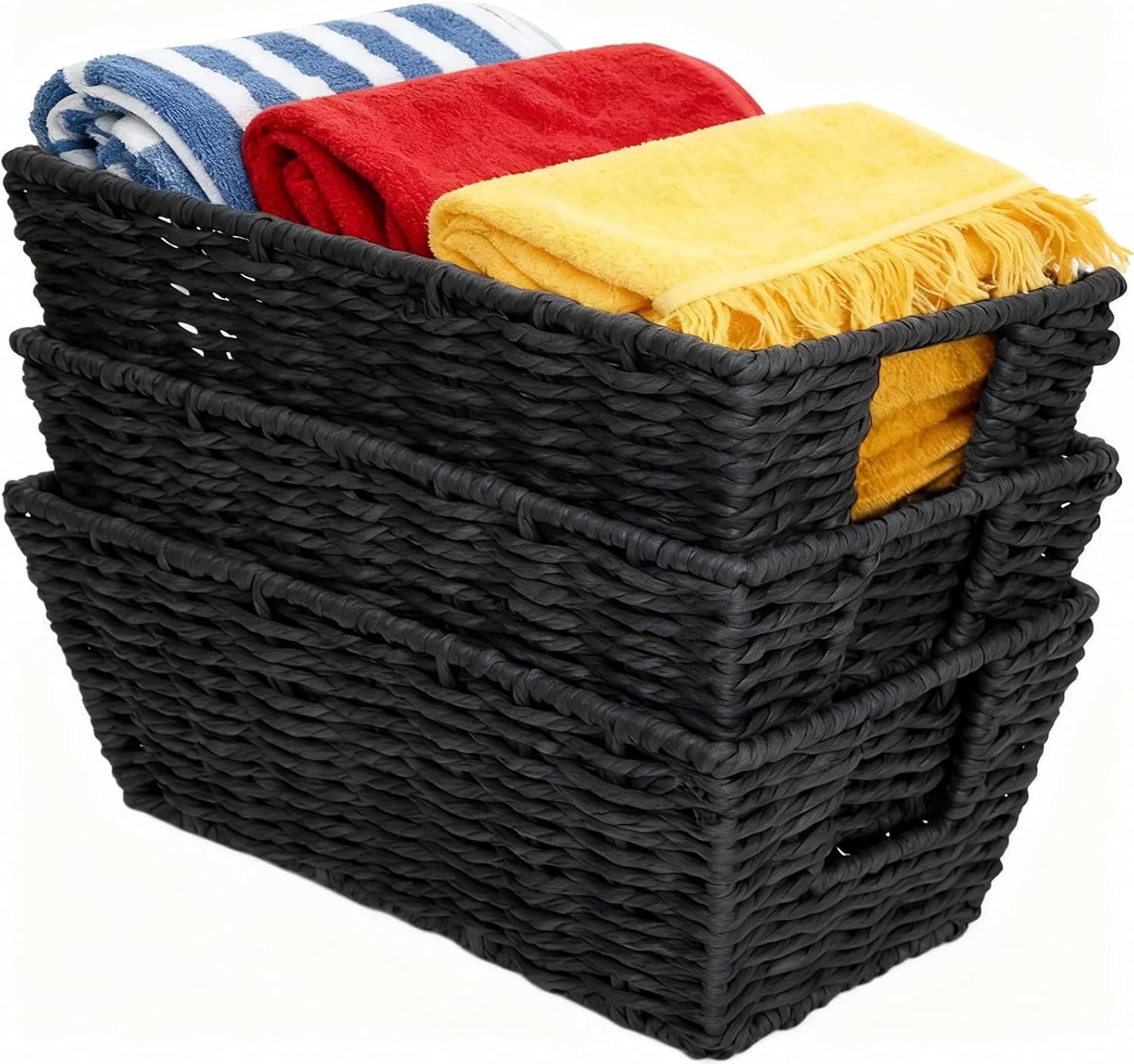RGHJAR-Paper Rope Storage Baskets for Shelves Organizing, Small Hand Woven Wicker Organizer Basket with Handle for Bathroom Toilet Paper Storage, Black, 3-Pack