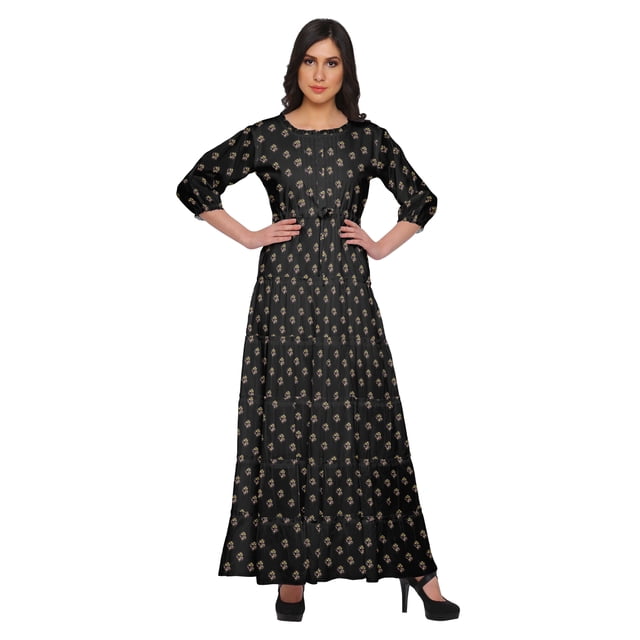 Moomaya Robe Longue Maxi Imprimée à Col Rond, Manches 3/4, avec Taille à Cordon