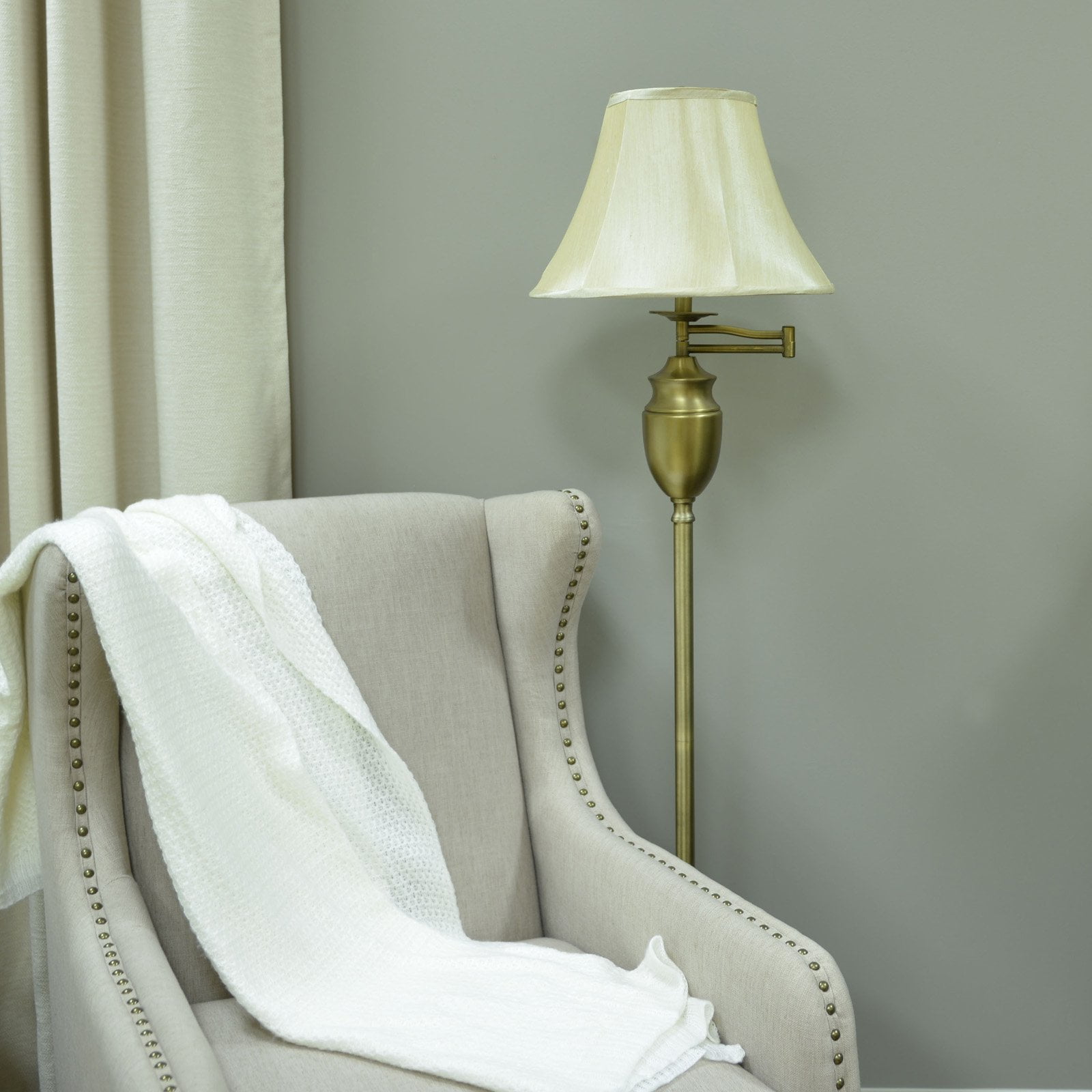 59" Antique brass Swing-Arm Floor Lamp with Faux Silk Shade by Jimco Lamp and Manufacturing Company