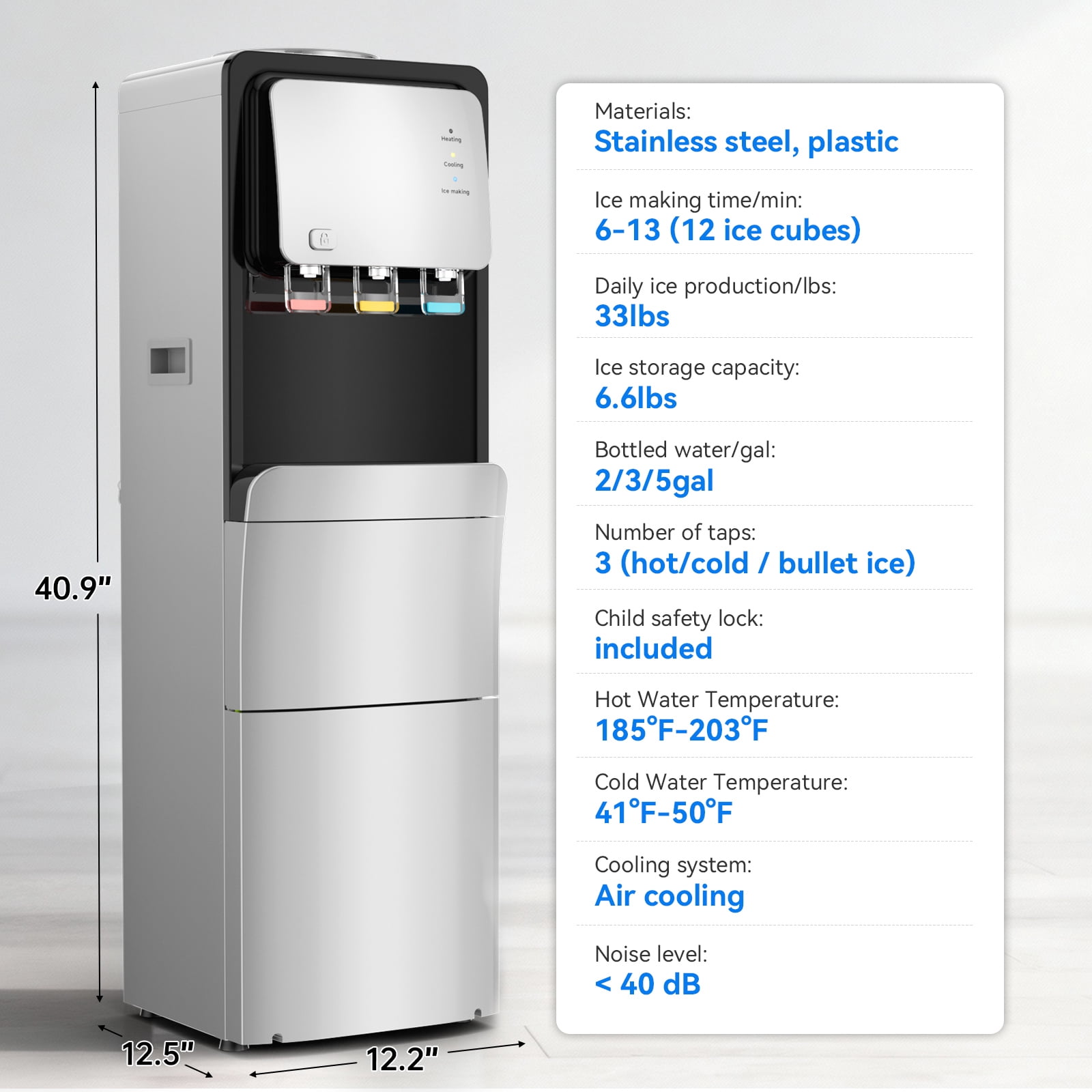 Joreek 3-in-1 Vertical Water Dispenser with Ice Maker, 12 Bullet Ice Cubes, Hot/Cold Electric Ice Dispenser for Home, Office, Cafe