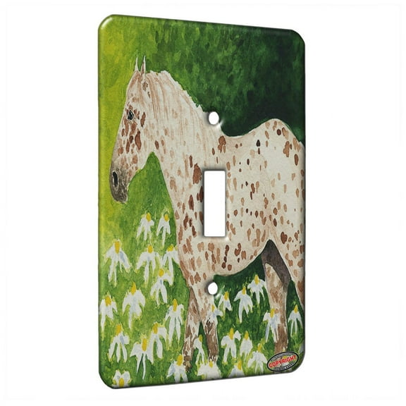 KuzmarK™ Single Gang Toggle Switch Wall Plate - Leopard Appaloosa Horse with Daisies Art by Denise Every