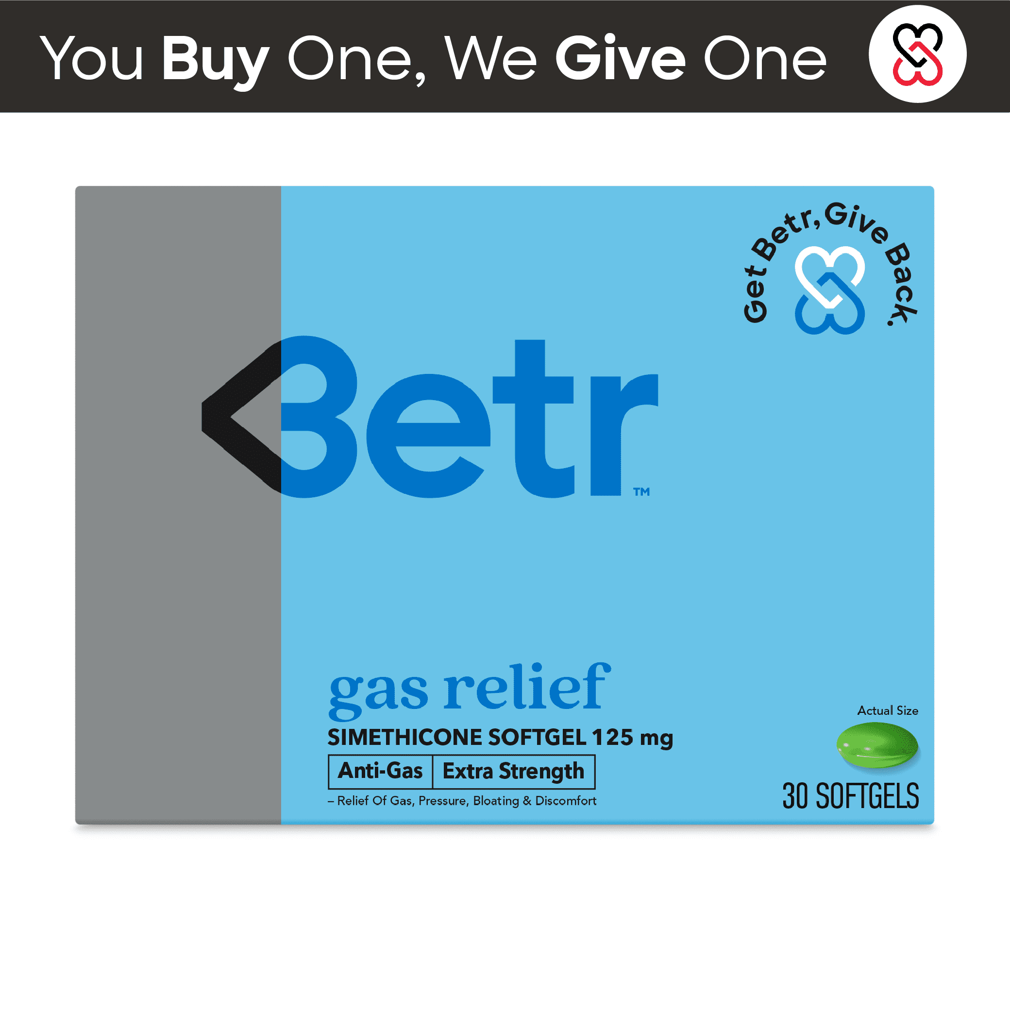 Betr Remedies Gas, Pain, Bloating Relief Medicine, Simethicone 125 mg, 30 Softgels