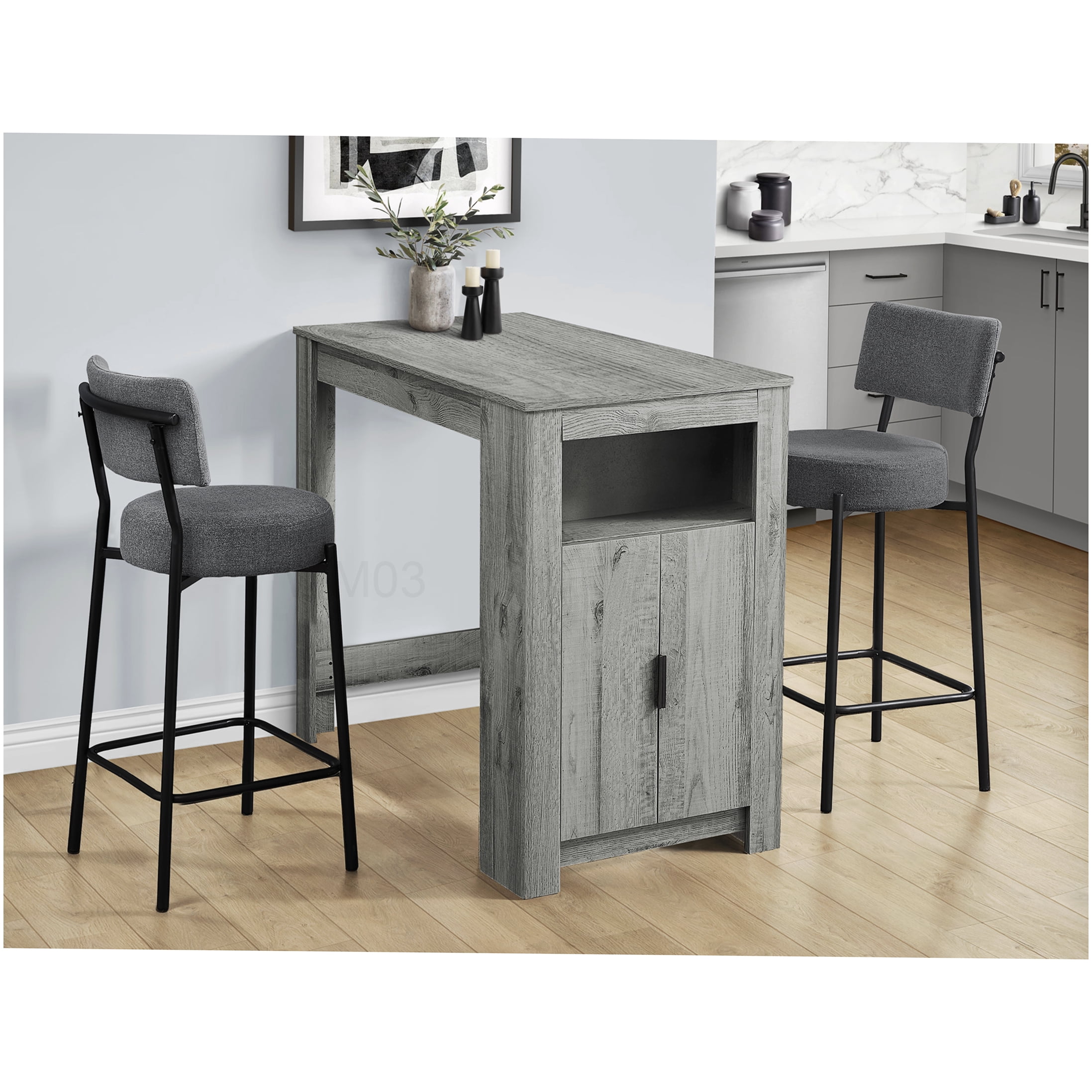 Set of 2 Grey Fabric Bar Stools with Black Metal Legs for Counter Height