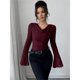 thumbnail image 5 of Camisetas de Punto Acanalado con Cuello Vuelto y Larga para Mujer, Tops Ajustados Fruncidos para Salir, Camisetas Básicas para Otoño Vino Tinto XL, 5 of 8