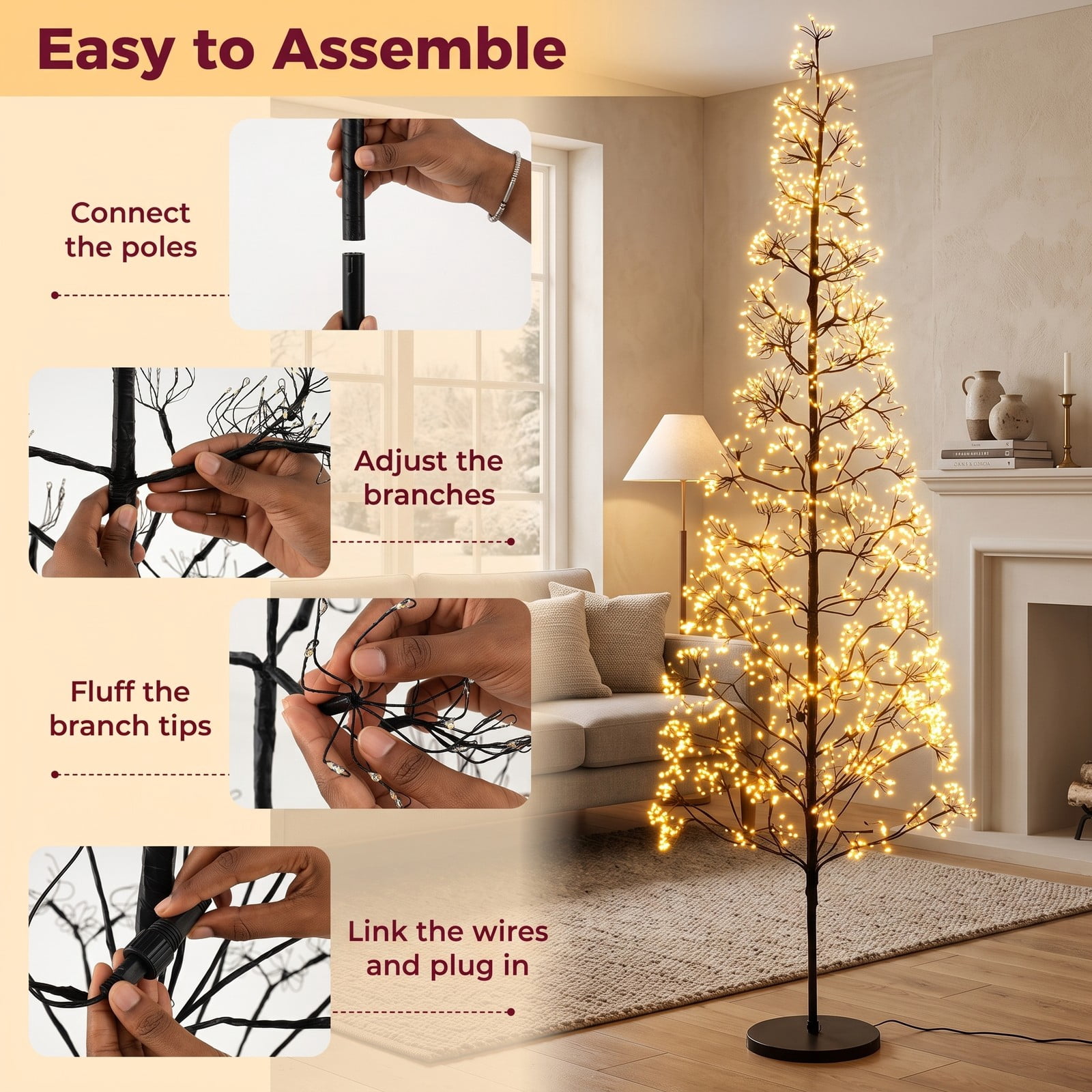 RUIE 7 FT Pre-Lit Artificial Cedar Alpine Christmas Tree with 2100 Warm White LED Lights, Weighted Base, Sectional Design for Indoor Holiday Decor, Black