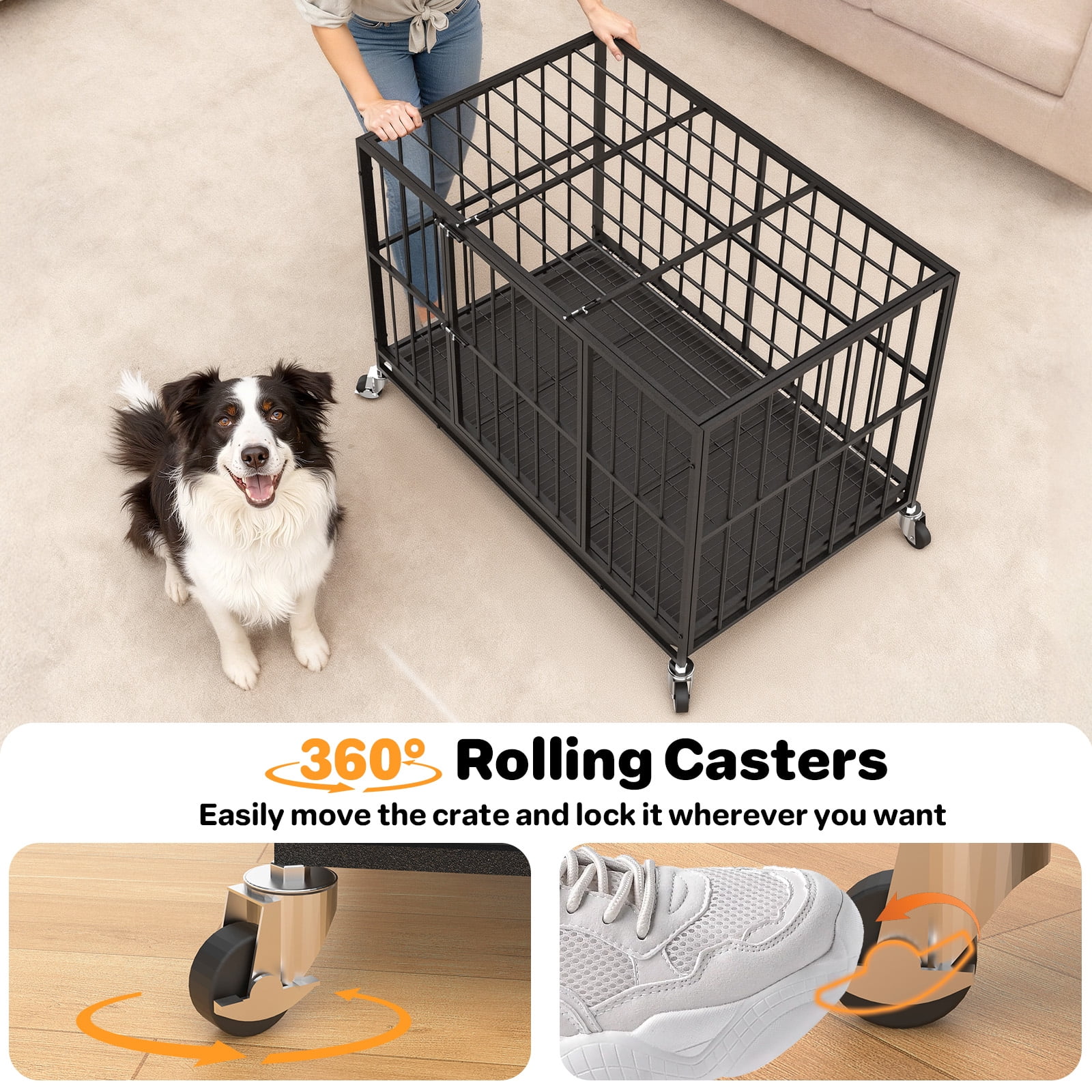 TIME RAY 48 Inch Heavy Duty Dog Crate Cage for Large Dog with Steel Escape Proof, Indoor & Outdoor Double Doors,Lockable Wheels and Removable Tray,Black