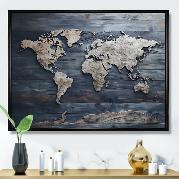 Designart "Rustic Pathways On The World Map I" World Map Floater Framed Wall Art Living Room