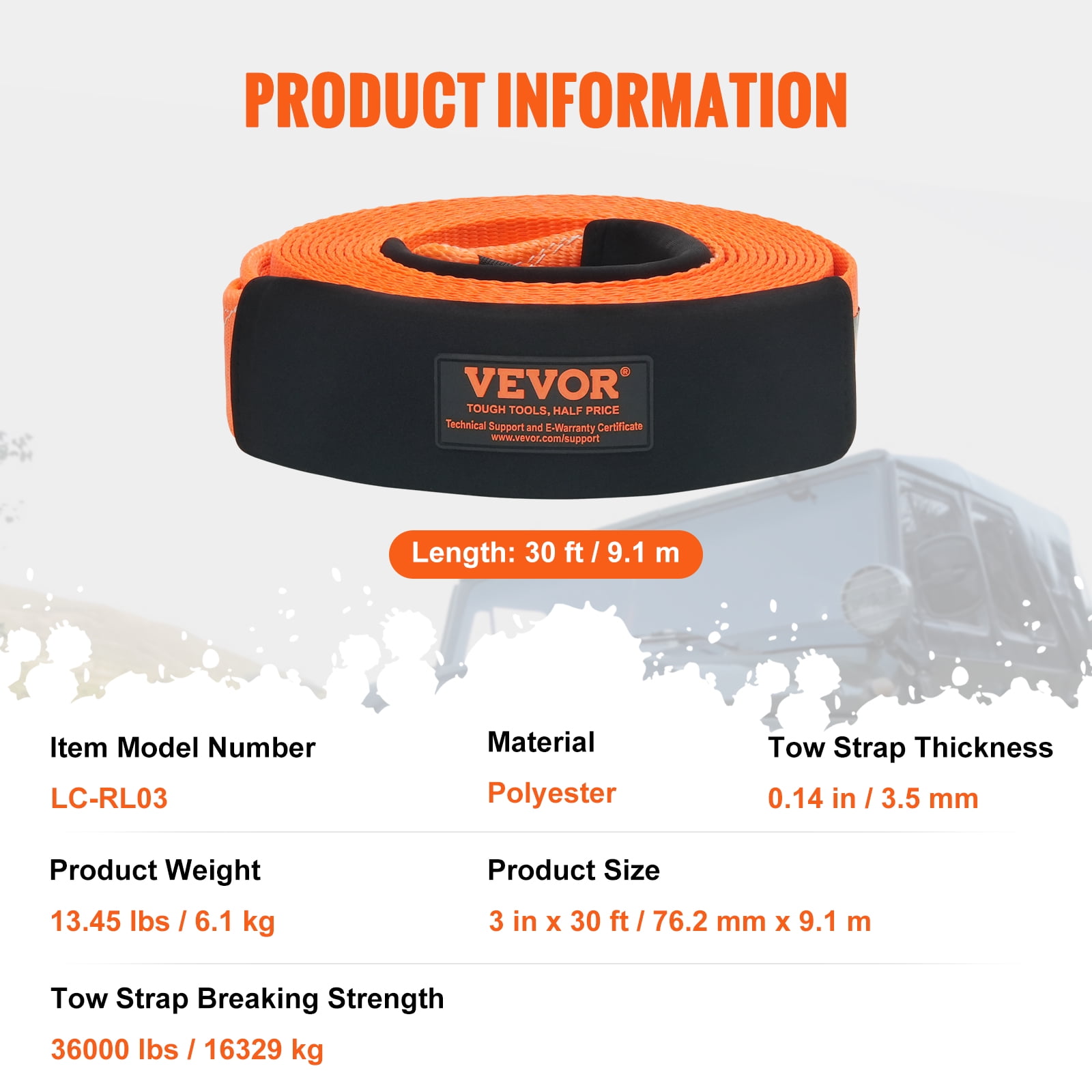 VEVOR Polyester Heavy Duty Tow Strap Recovery Kit 3" x 30 ft (MBS-36,000 lbs) Winch Strap,Triple Reinforced Loop,Snatch Strap + 2" Shackle Hitch Receiver + 3/4" D-Ring Shackles (2PCS) + Storage Bag