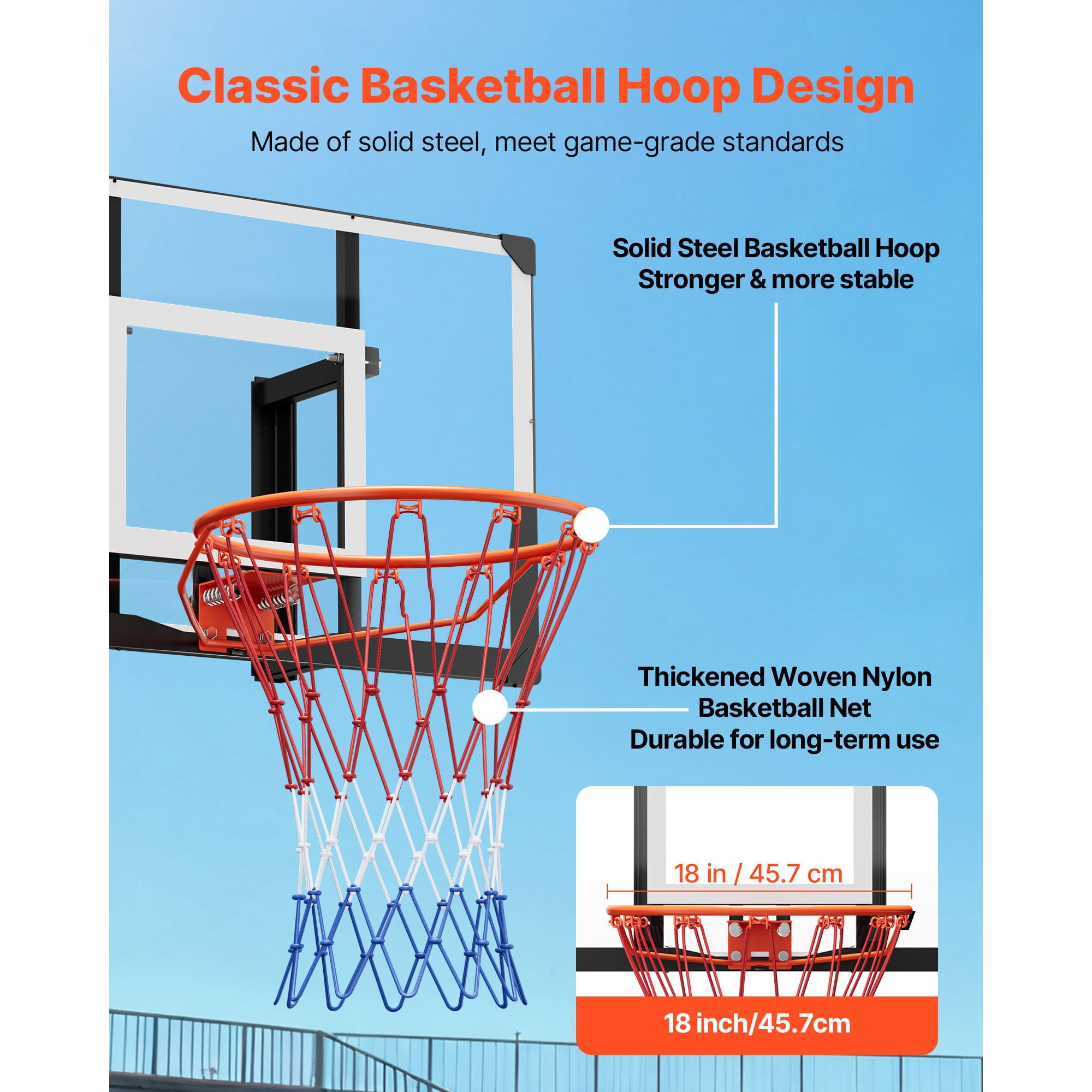KFFKFF Wall-Mounted Basketball Hoop, 44-inch PC Backboard with Durable Steel Frame, 0.08-inch Thick Backboard, Reinforced Nylon Net, Suitable for Indoor and Outdoor Play