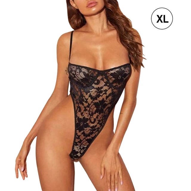 Lencería sexy para mujer, espalda abierta, diseño de correa, mono, mono de malla de encaje, negro, XL Eigraketly XX000168-10