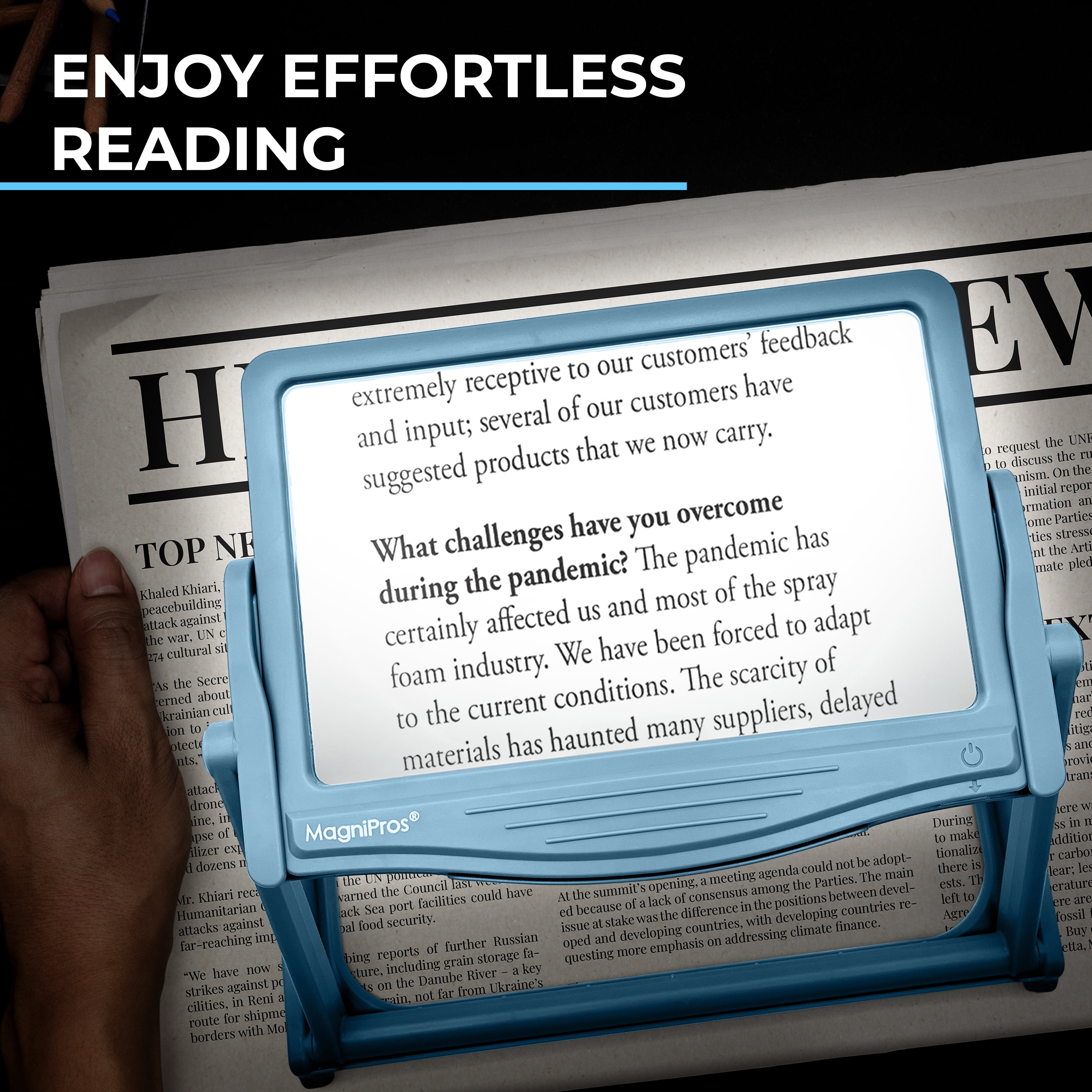 MAGNIPROS 5X Large LED Full Page Magnifying Glass with Collapsible Hands-Free Stand & 3 Color Modes to Reduce Eye Strain, Ideal for Reading Small Prints, Crafting, Low Vision & Seniors