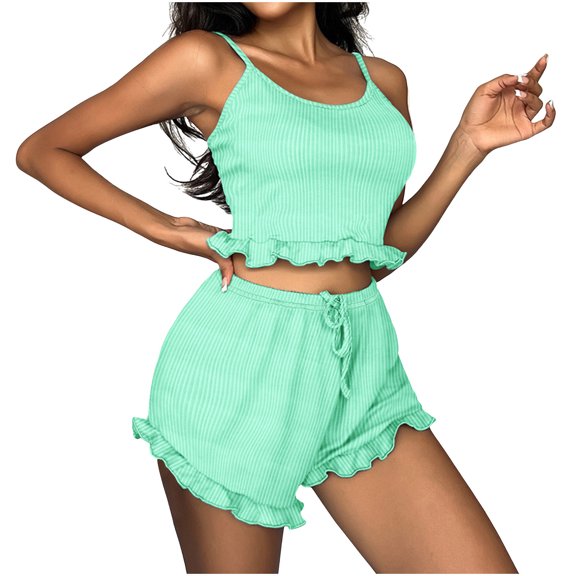 Virmaxy Womens Casual Sleepwear Pajamas Set Pit Stripe Tank Camisole Drawstring Shorts Set Loungewear Pajamas 2 Piece Outfit Set Sleeveless Top Short Pants Nightshirt Homewear Pajamas Green S