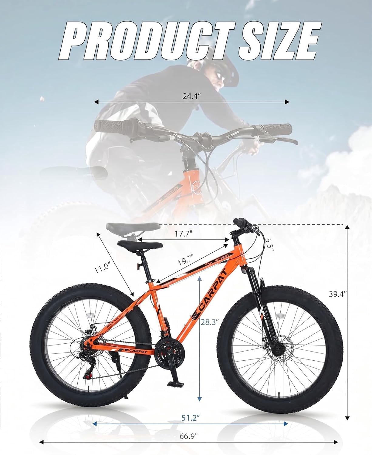 24 inch Fat Tire Mountain Bike, Outdoor Cycling Bike with 7-Speed for Boys Girls, High Carbon Steel Frame, Dual Disc Brake, Wide Tires, Suspension Fork, Anti-Slip Bikes, Orange