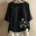 thumbnail image 2 of QQAMB T Shirt for Women Crewneck Floral Printed Short Sleeve Cotton Linen T Shirt Loose Casual Blouse Tops Black XL, 2 of 4