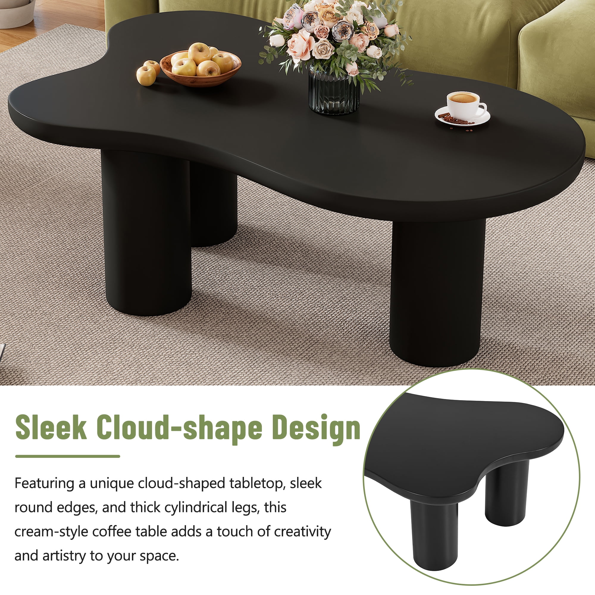 MAYEERTY 44'' x 25.9'' Easy Assembly Cloud Coffee Table with 1.5'' Thick Tabletop, Cream Style Irregular End Table with 3 Sturdy Legs, Sleek Center Table with Round Edge for Living Room, Black