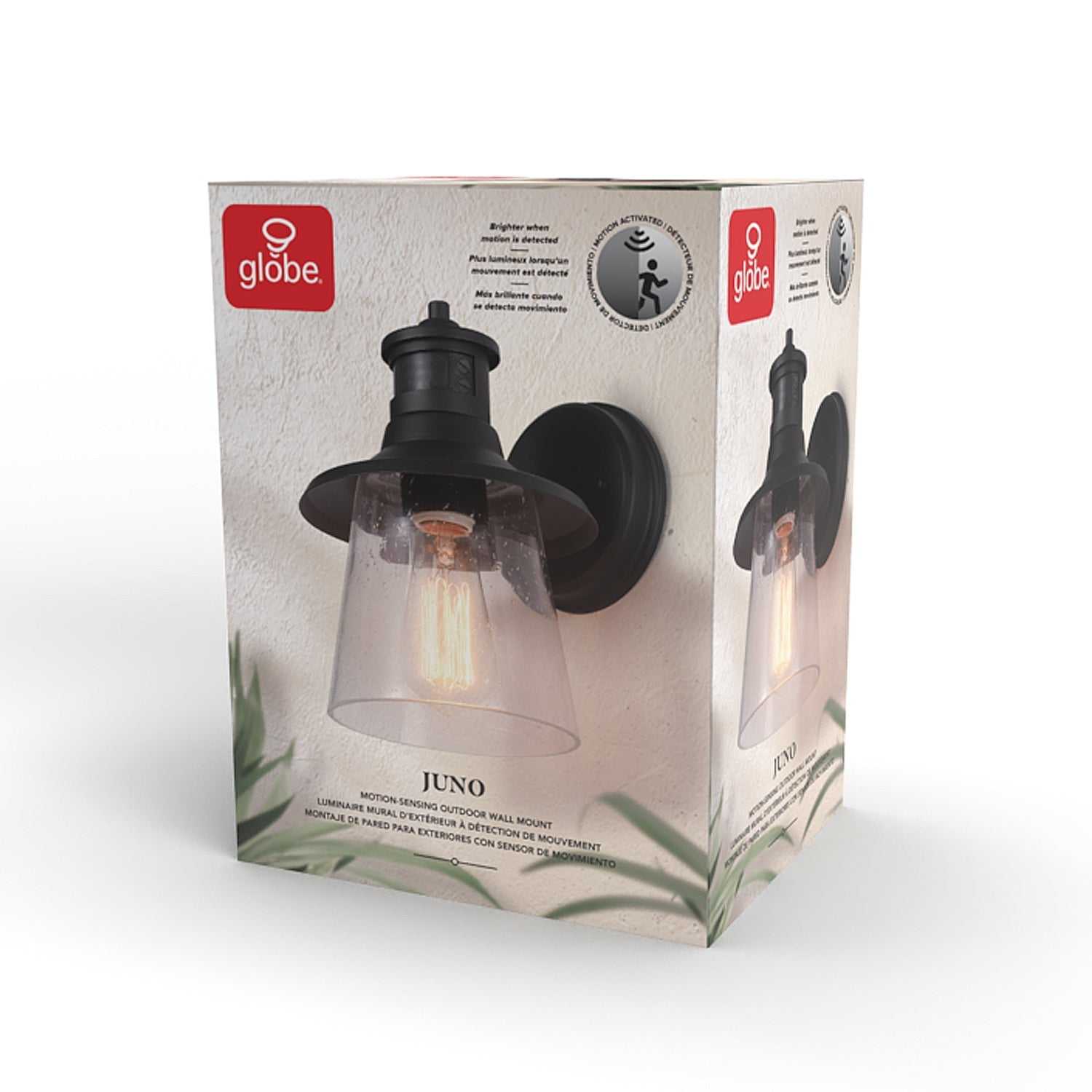 Globe Electric Juno 1-Light Matte Black Motion Sensor Outdoor Wall Sconce with Clear Seeded Glass Shade